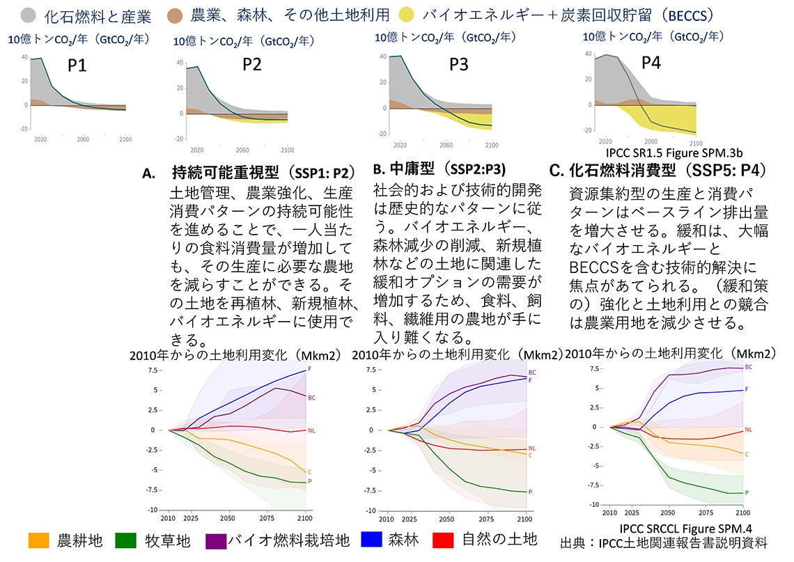 図2：4つの例示的なモデル経路における世界正味CO2排出量への寄与の内訳