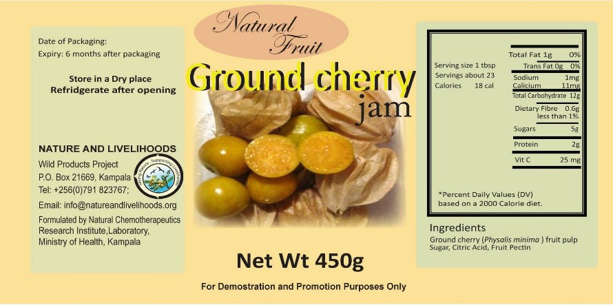 Label for the jam from Physalis single fruits, with the results of nutritional composition analysis