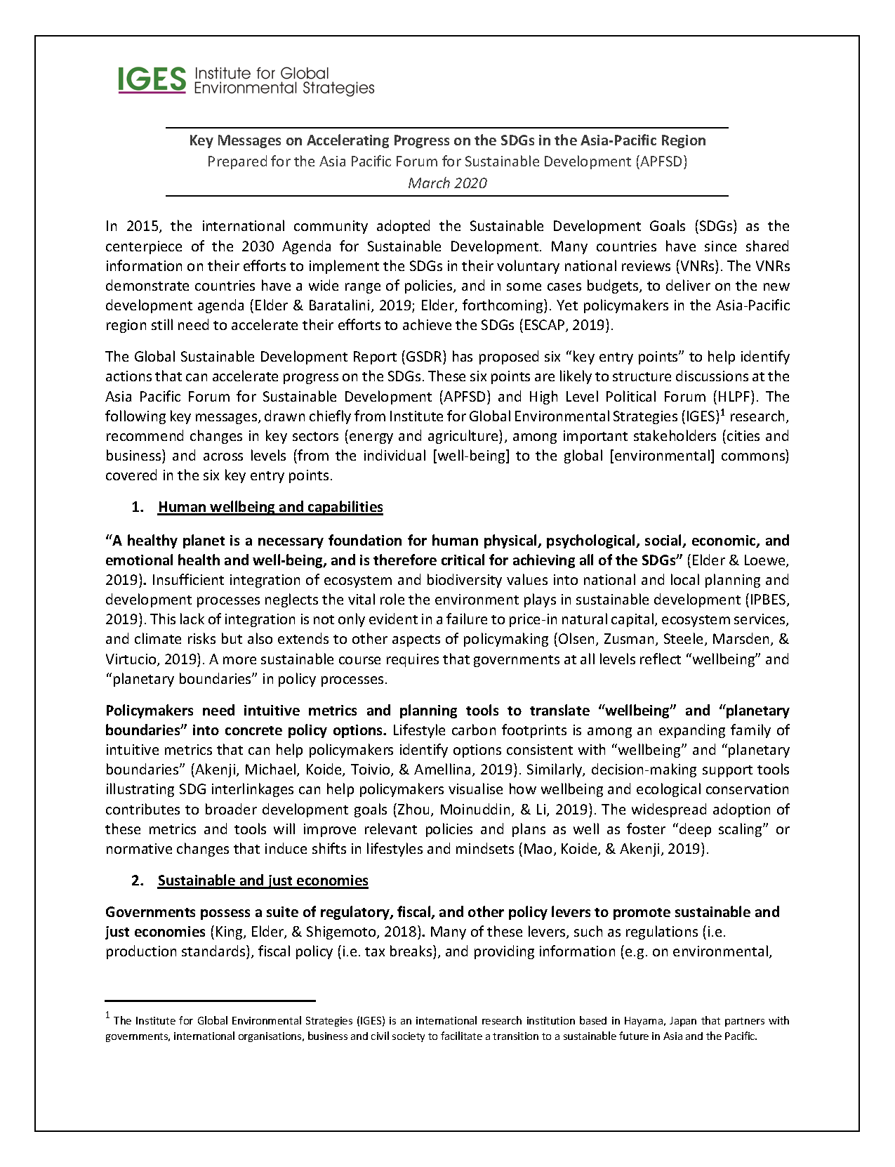 Key Messages on Accelerating Progress on the SDGs in the Asia-Pacific Region